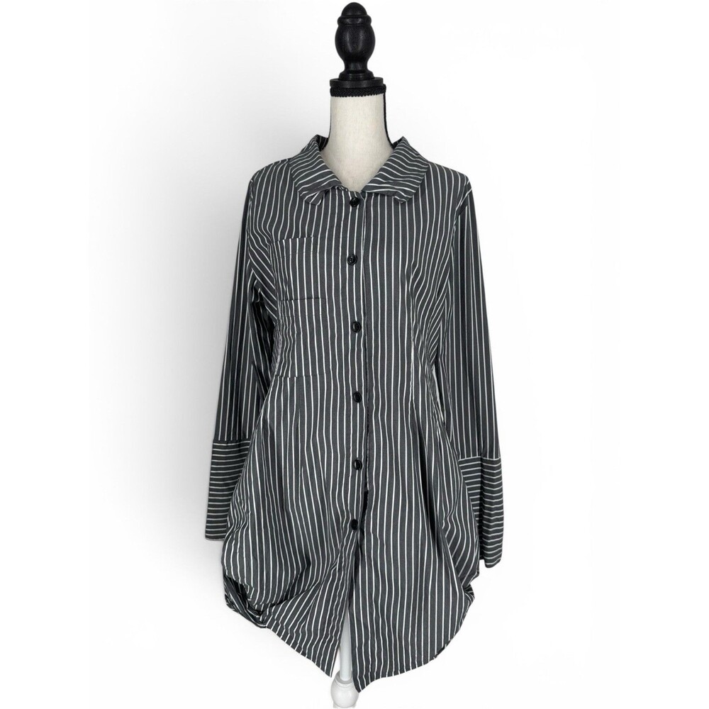 Comfy USA Tokyo Shirt Striped Avant Garde Lagenlook Tunic Gray & White Size M